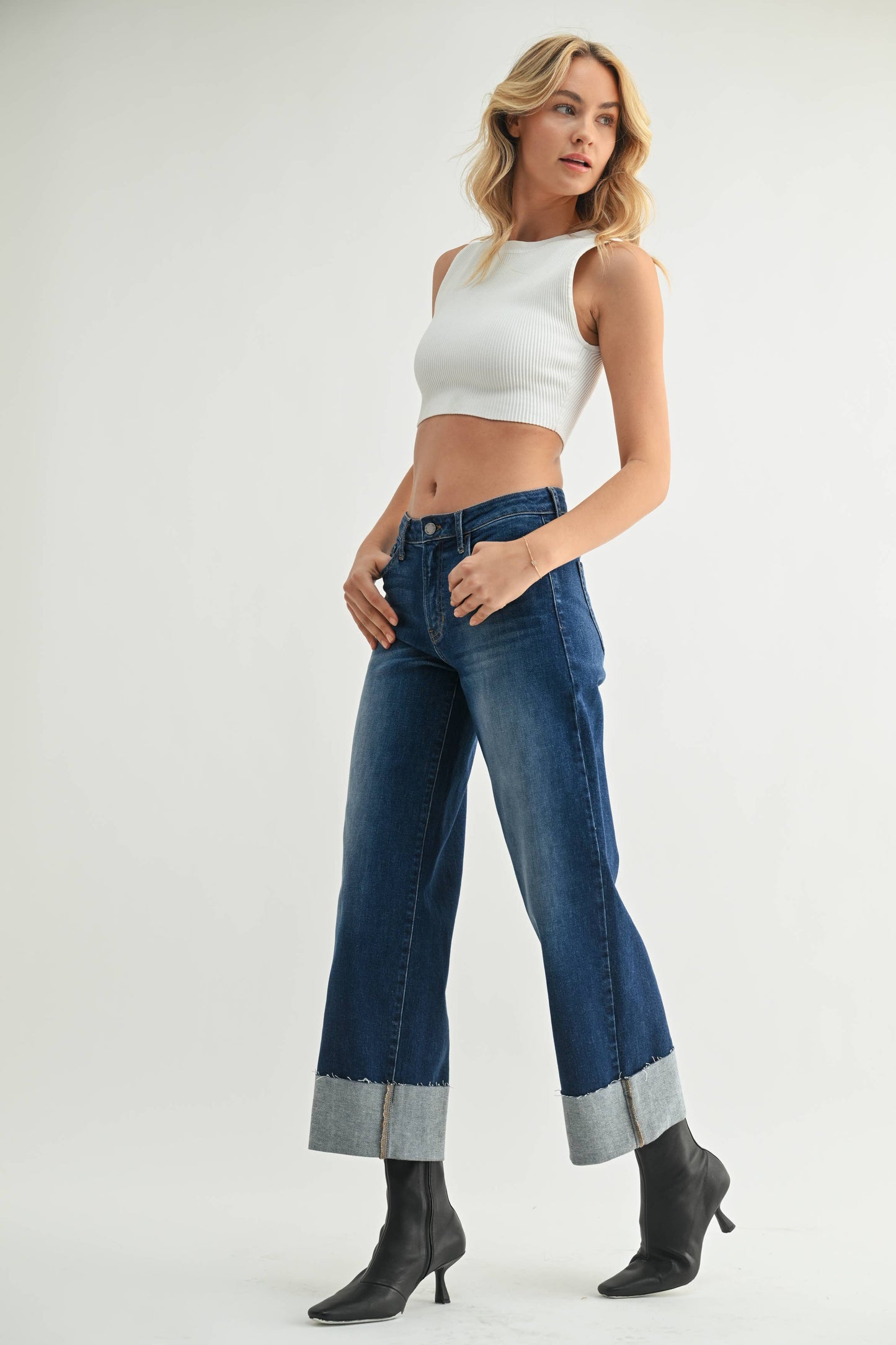 Scissor Cuffed Slim Wide Leg - Dark Denim