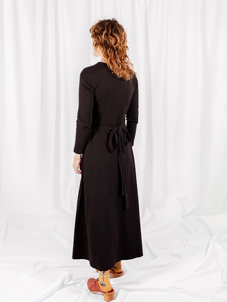 Katie Maxi Wrap Dress - Black Rib Knit