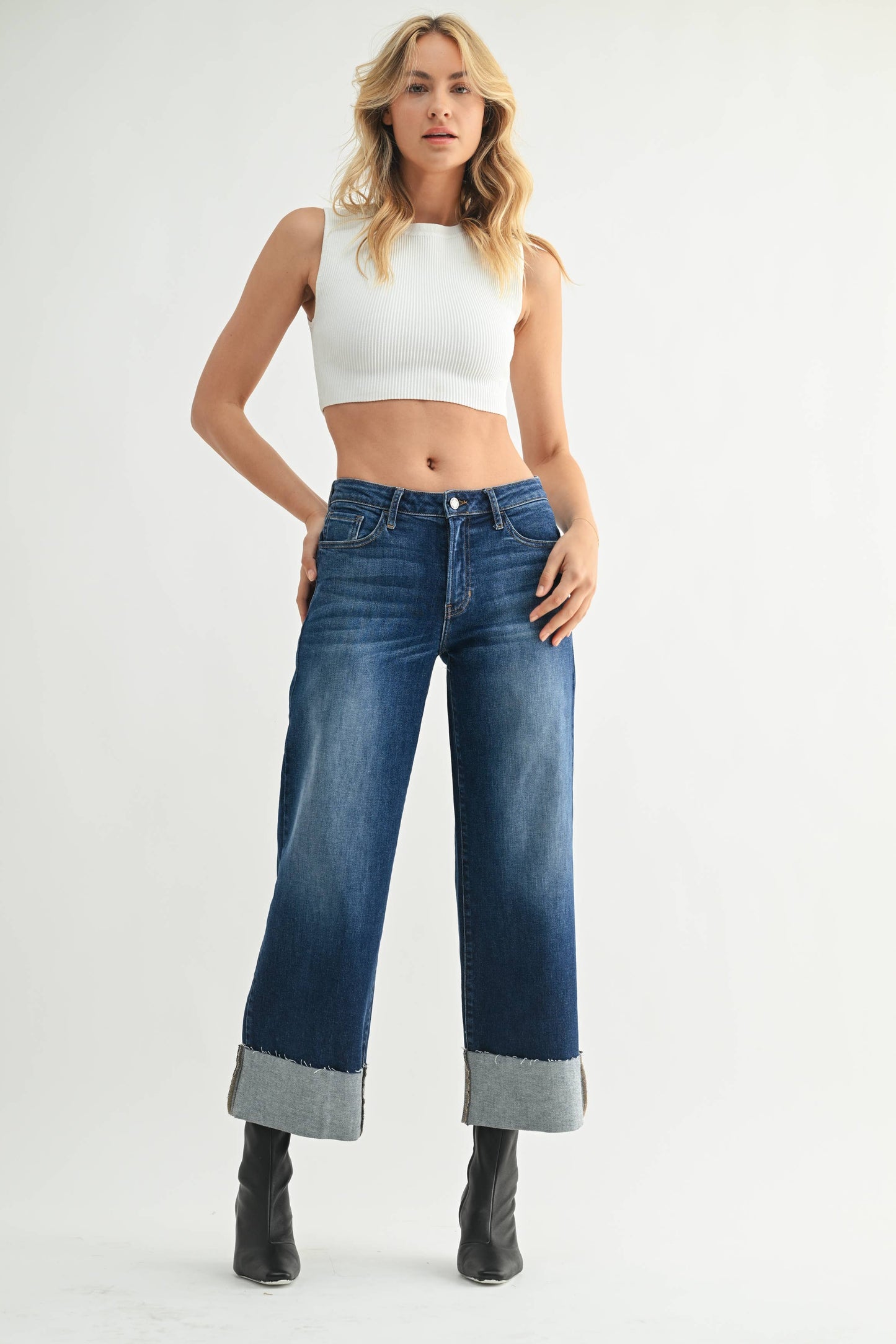 Scissor Cuffed Slim Wide Leg - Dark Denim
