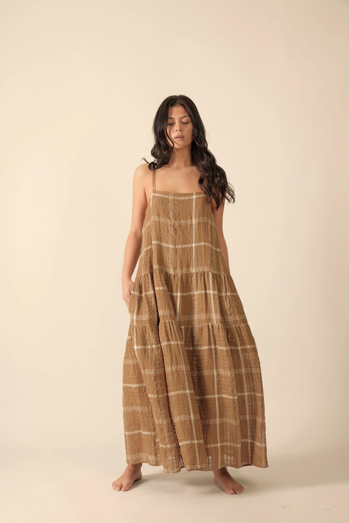 Plaid Spaghetti Tiered Dress