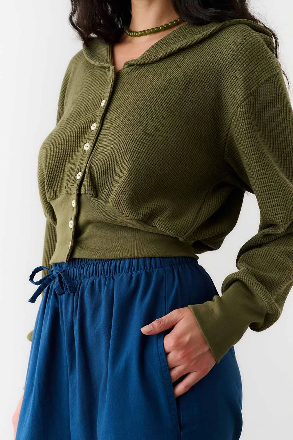 Waffle Sailor Cardigan - Olive