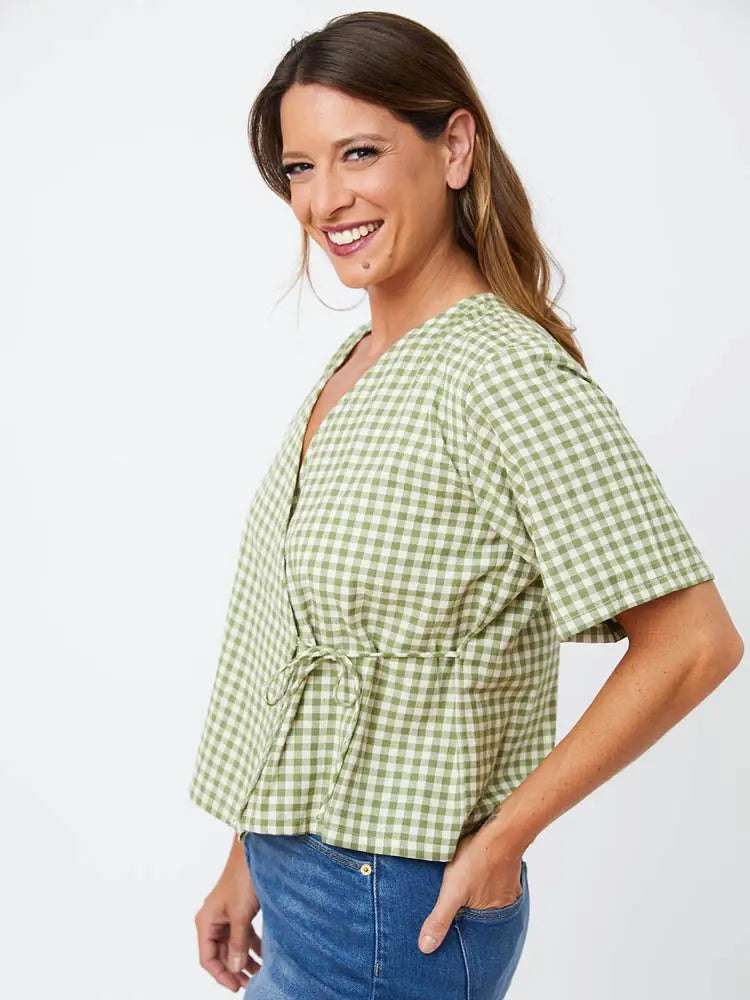 Winona Wrap Top - Sage Gingham