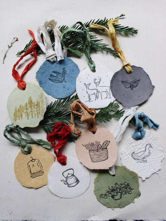 Handmade Letter-pressed Paper Ornaments: Set of three (multiple options)