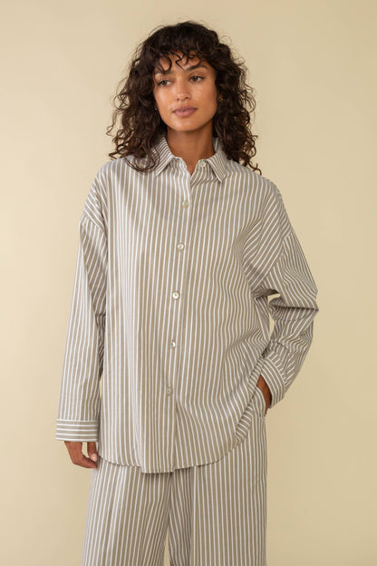 Delano Tencel Striped Oversized Button Down Shirt - Olive + Ivory