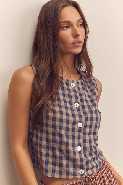 Cotton Gingham Sleeveless Button-Down Top
