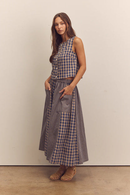 Cotton Gingham Sleeveless Button-Down Top
