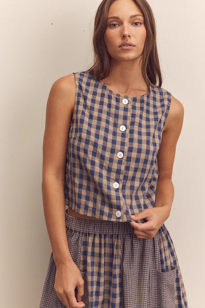 Cotton Gingham Sleeveless Button-Down Top