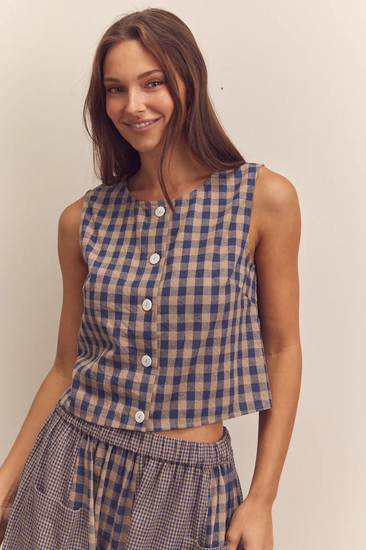 Cotton Gingham Sleeveless Button-Down Top