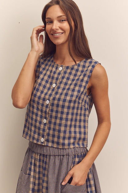 Cotton Gingham Sleeveless Button-Down Top