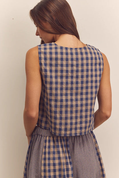 Cotton Gingham Sleeveless Button-Down Top