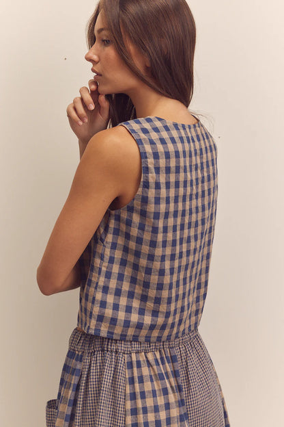Cotton Gingham Sleeveless Button-Down Top
