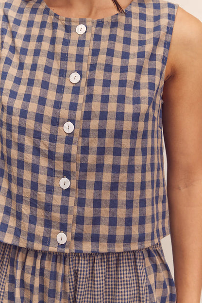 Cotton Gingham Sleeveless Button-Down Top