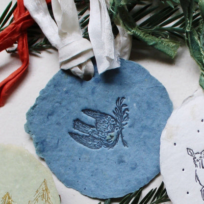 Handmade Letter-pressed Paper Ornaments: Set of three (multiple options)
