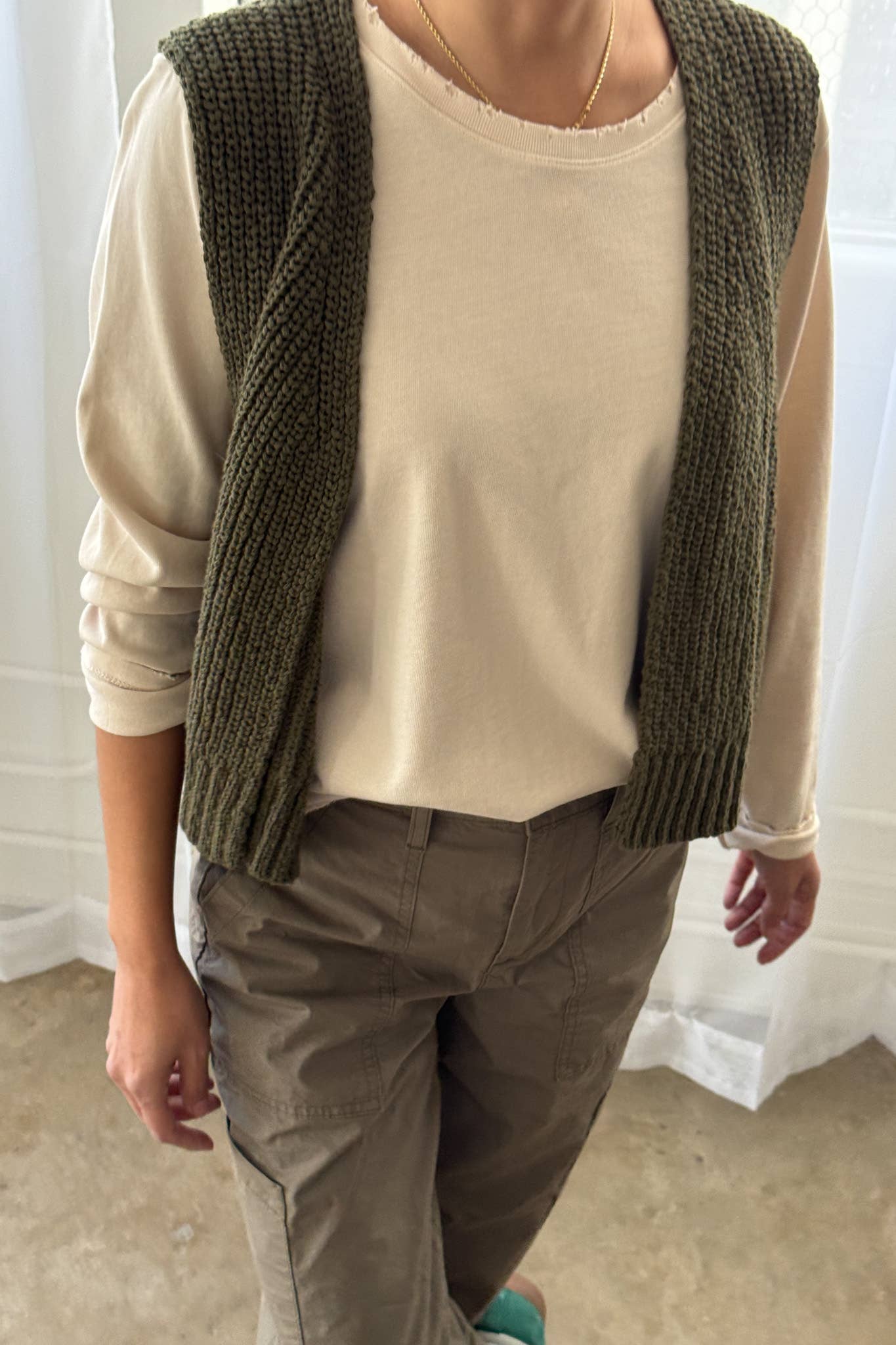 Granny Cotton Sweater Vest - Olive Green