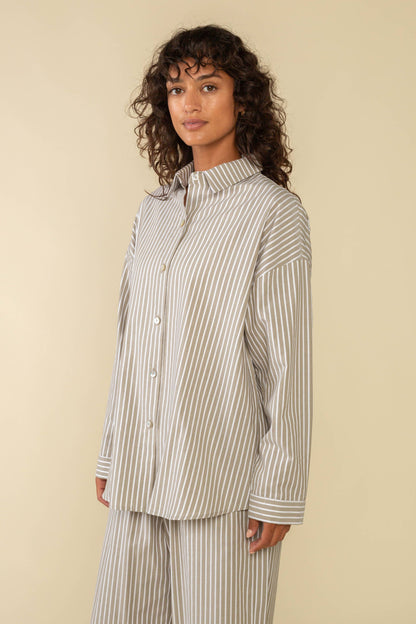 Delano Tencel Striped Oversized Button Down Shirt - Olive + Ivory