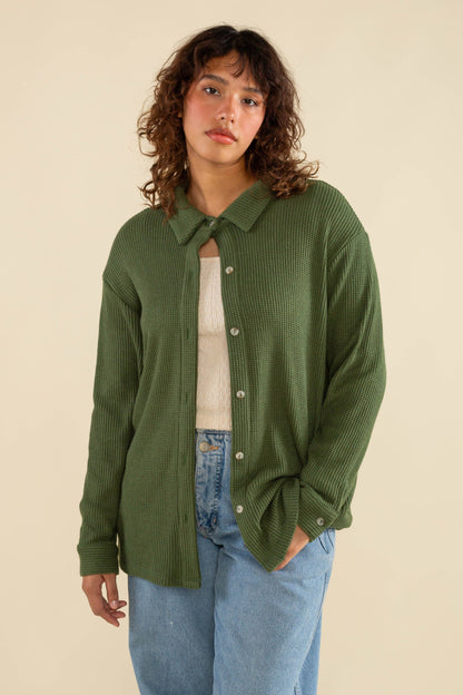 Shore Waffle Button Down Shirt - Forest Green