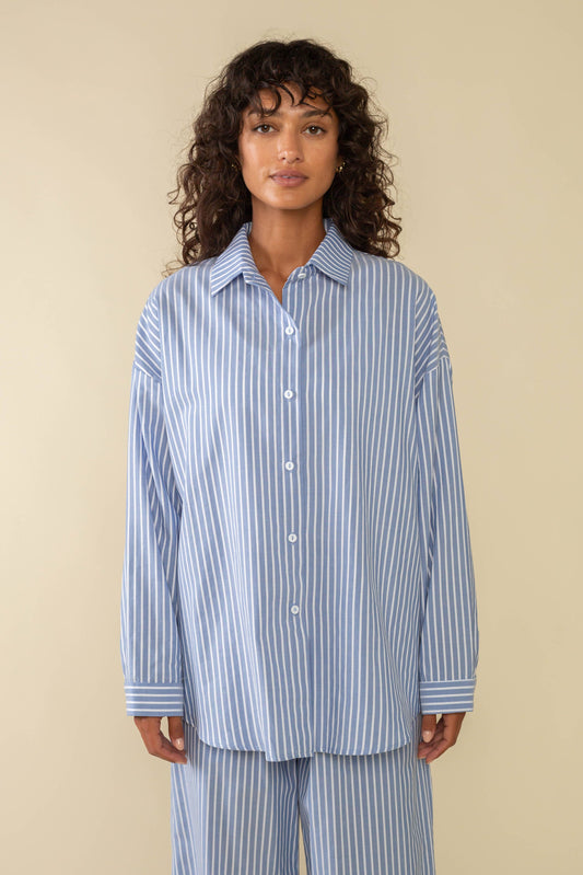 Delano Tencel Striped Oversized Button Down Shirt - Sky + Ivory