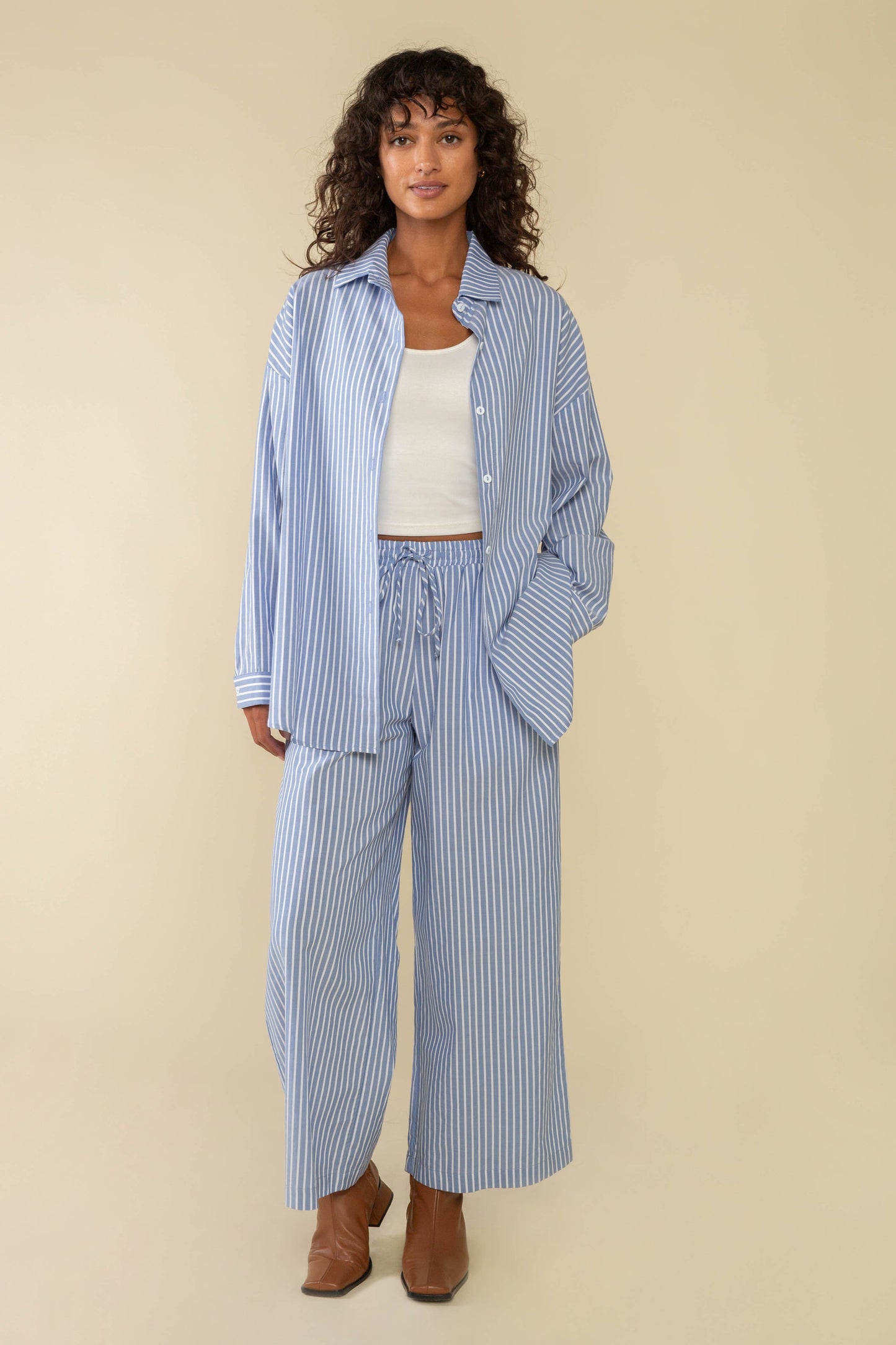 Delano Tencel Striped Oversized Button Down Shirt - Sky + Ivory