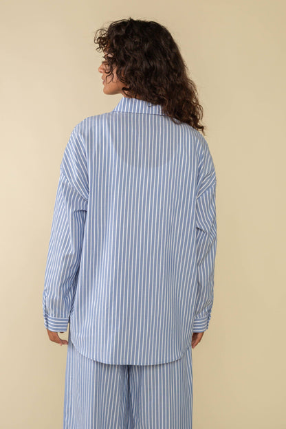 Delano Tencel Striped Oversized Button Down Shirt - Sky + Ivory