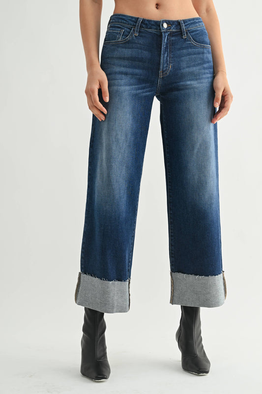 Scissor Cuffed Slim Wide Leg - Dark Denim