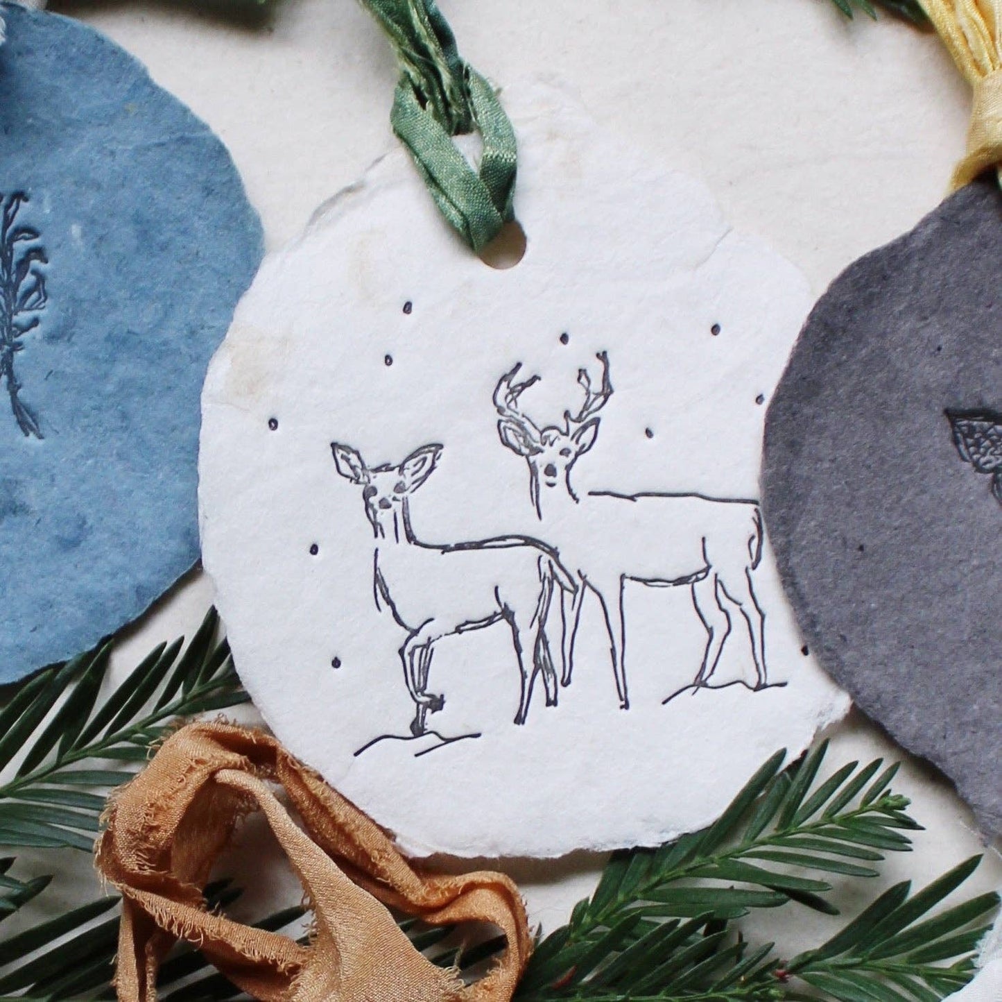 Handmade Letter-pressed Paper Ornaments: Set of three (multiple options)