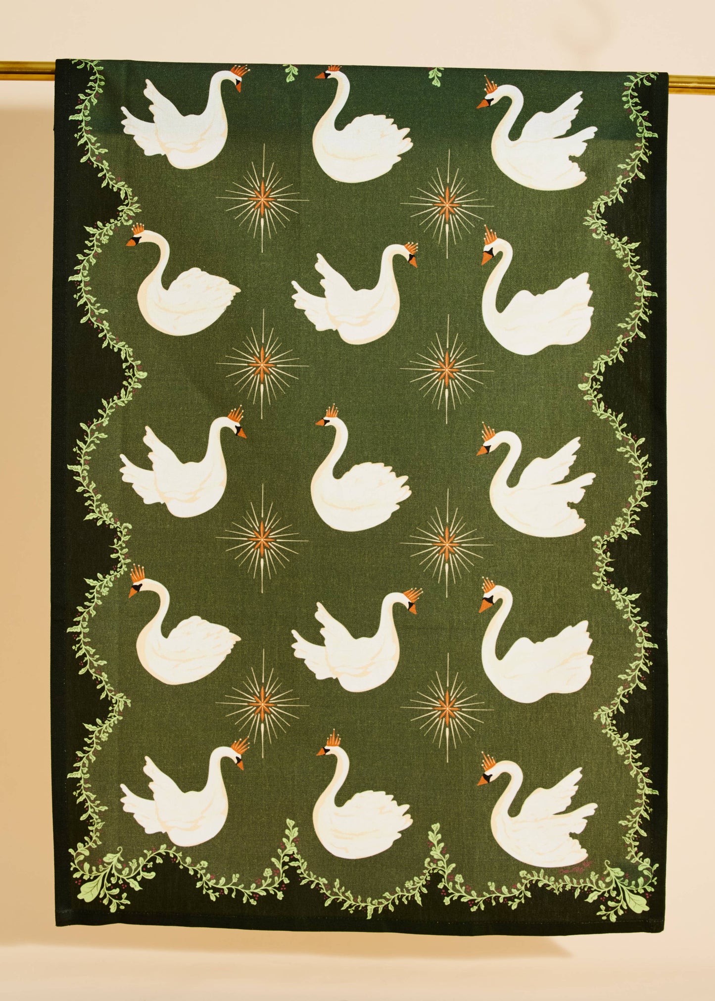 Celestial Swans Green Tea Towel