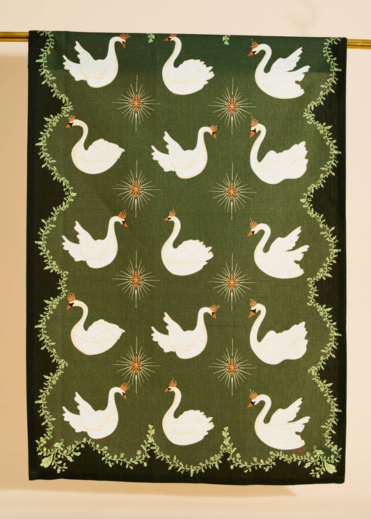 Celestial Swans Green Tea Towel