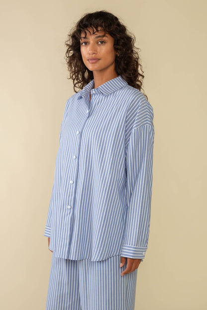 Delano Tencel Striped Oversized Button Down Shirt - Sky + Ivory