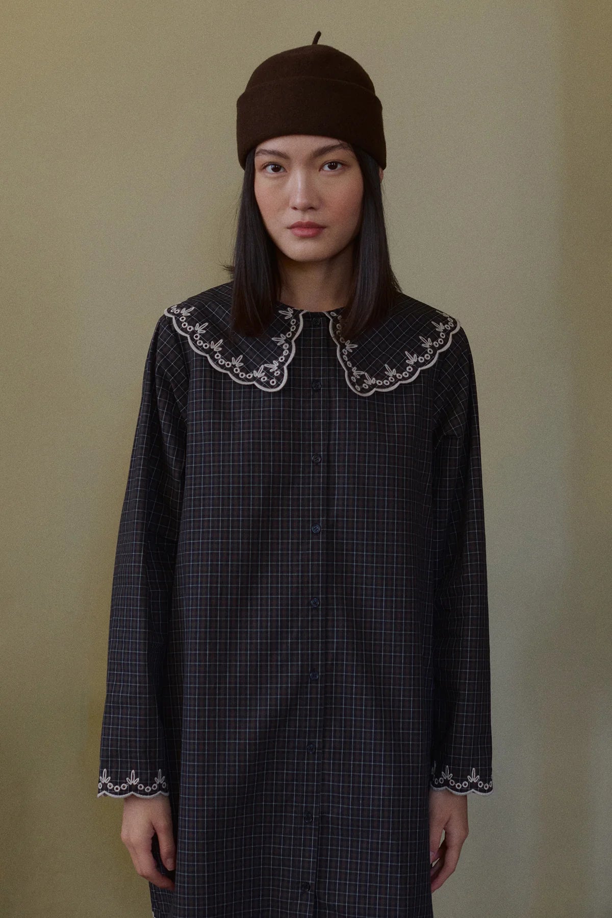 Raven Checks Embroidered Neck Dress