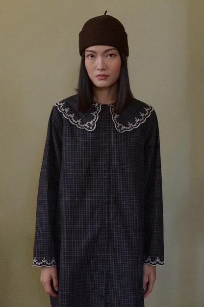 Raven Checks Embroidered Neck Dress