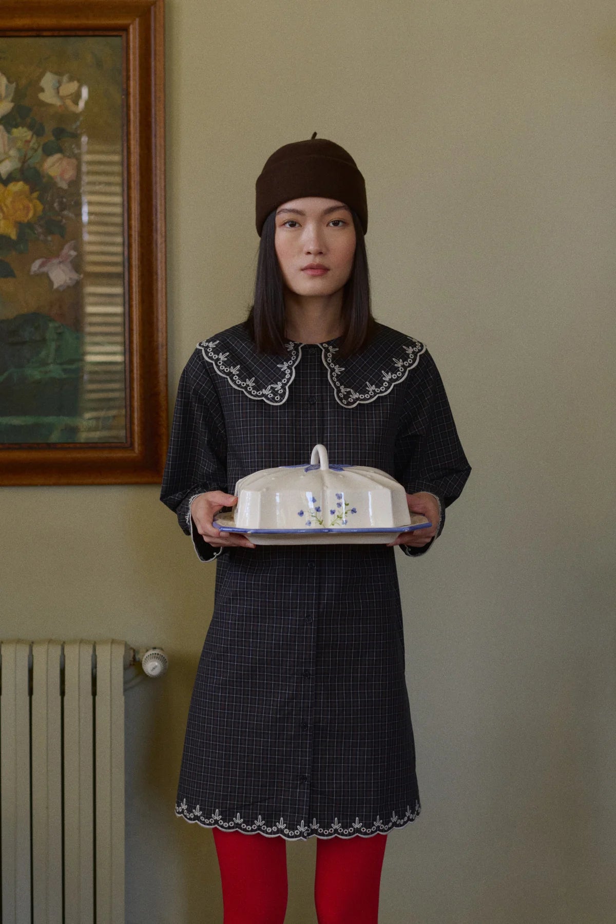 Raven Checks Embroidered Neck Dress