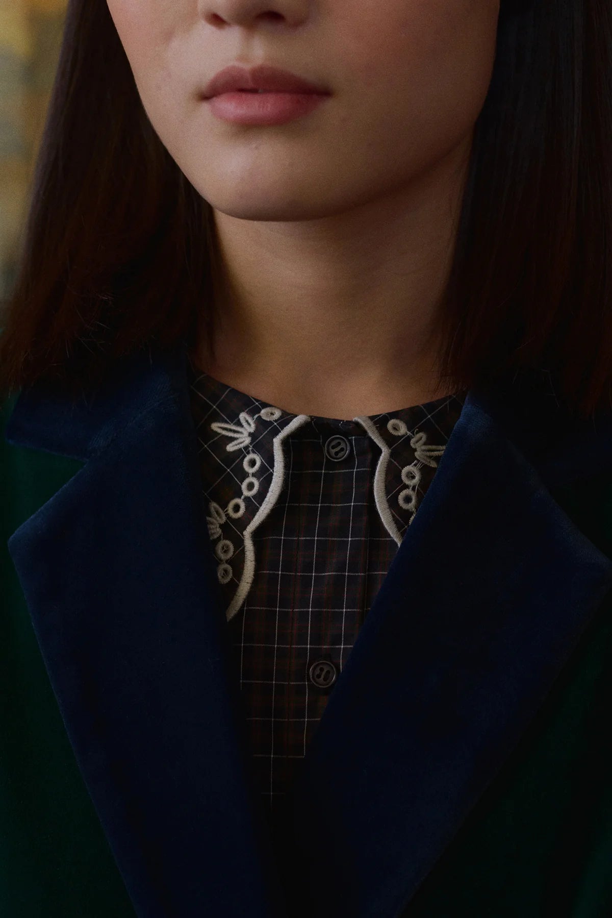 Raven Checks Embroidered Neck Dress