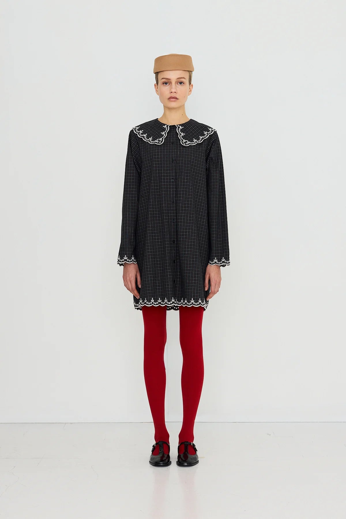 Raven Checks Embroidered Neck Dress