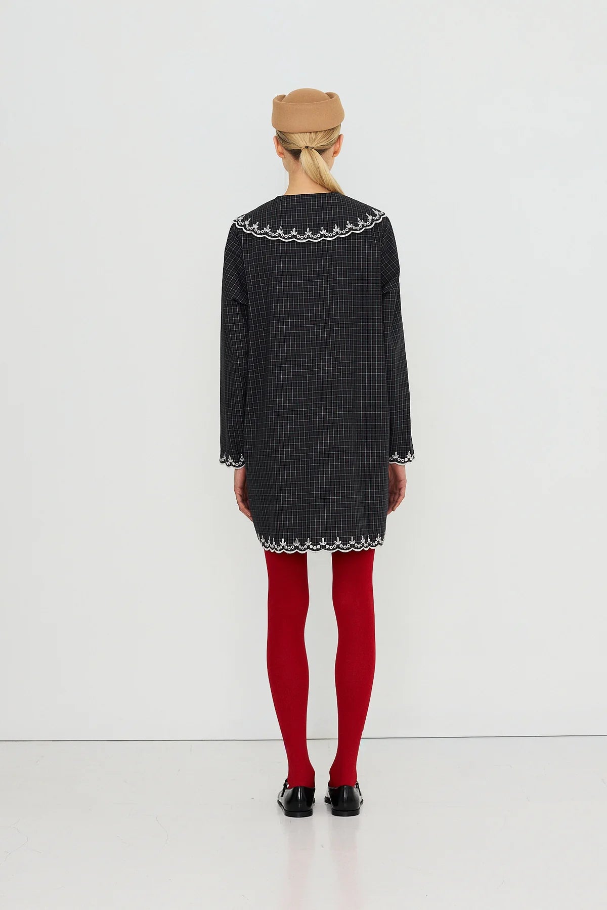 Raven Checks Embroidered Neck Dress