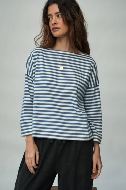 Leia-Sue Organic Cotton Jersey Stripe Top in Pewter & Off-White Stripe