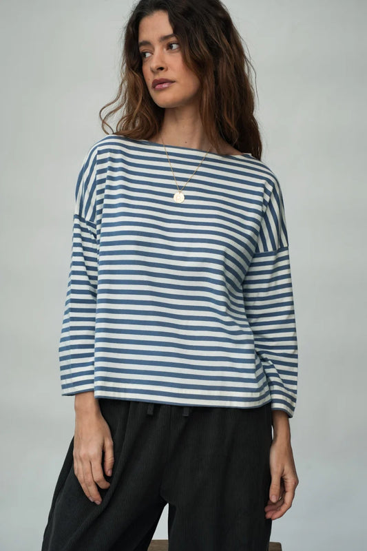 Leia-Sue Organic Cotton Jersey Stripe Top in Pewter & Off-White Stripe