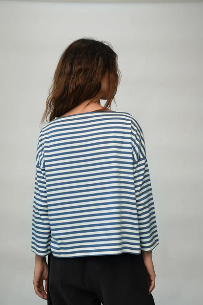 Leia-Sue Organic Cotton Jersey Stripe Top in Pewter & Off-White Stripe