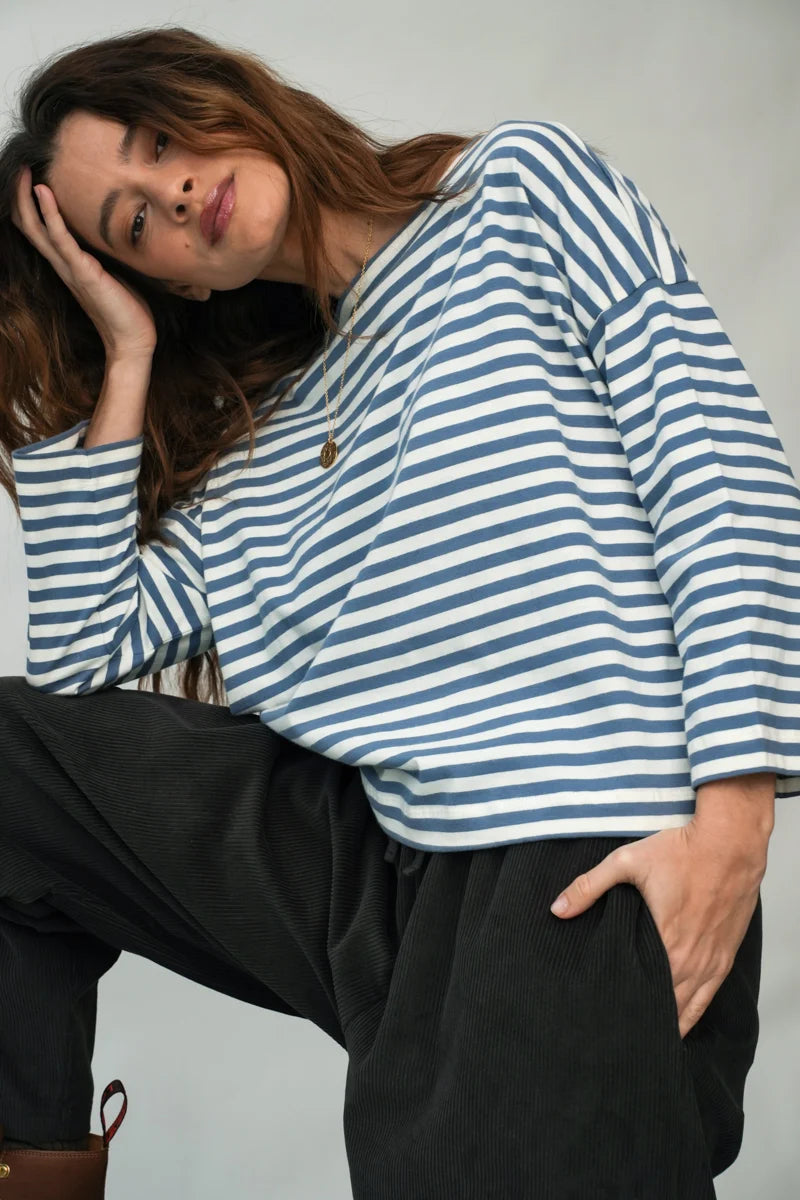 Leia-Sue Organic Cotton Jersey Stripe Top in Pewter & Off-White Stripe
