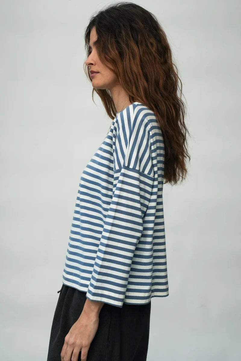 Leia-Sue Organic Cotton Jersey Stripe Top in Pewter & Off-White Stripe