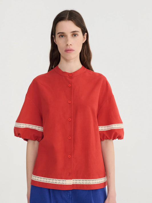 Contrast-Trim Puff Sleeve Shirt
