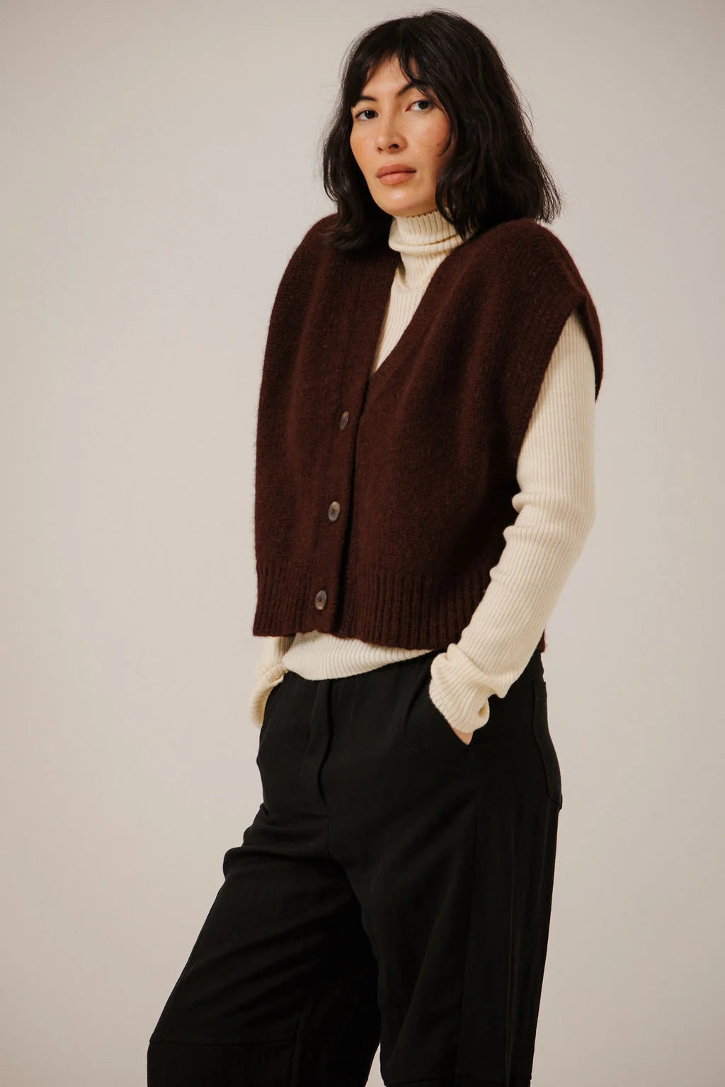 Alpaca Button Down Vest - Deep Maroon