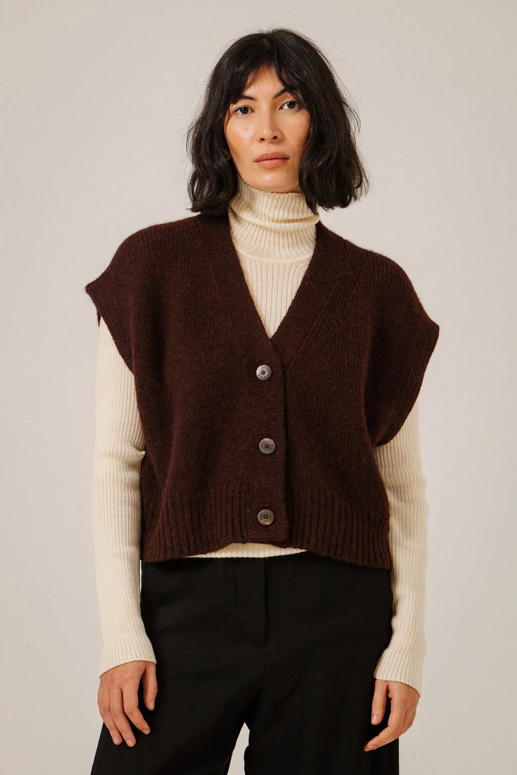 Alpaca Button Down Vest - Deep Maroon
