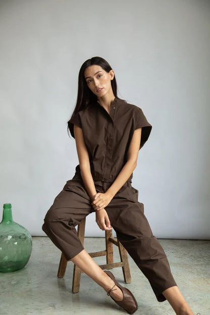 Nancy Organic Cotton Jersey and Poplin Shirt in Cacao