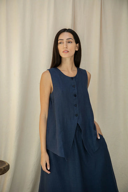 Olivia-May Linen Waistcoat in Midnight