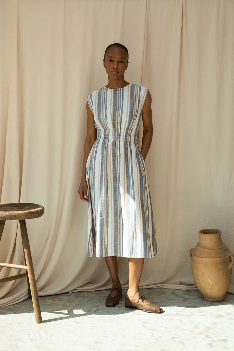 Ottillie-Sue Organic Cotton Woven Dress in Beige Multi Stripe
