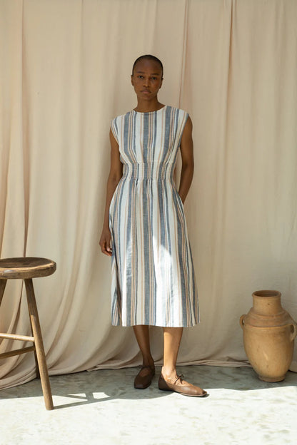 Ottillie-Sue Organic Cotton Woven Dress in Beige Multi Stripe