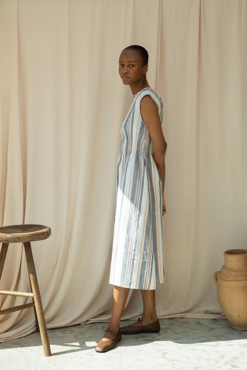 Ottillie-Sue Organic Cotton Woven Dress in Beige Multi Stripe