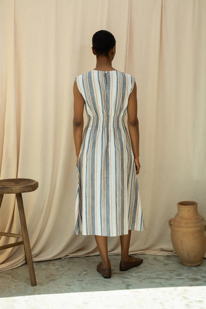 Ottillie-Sue Organic Cotton Woven Dress in Beige Multi Stripe