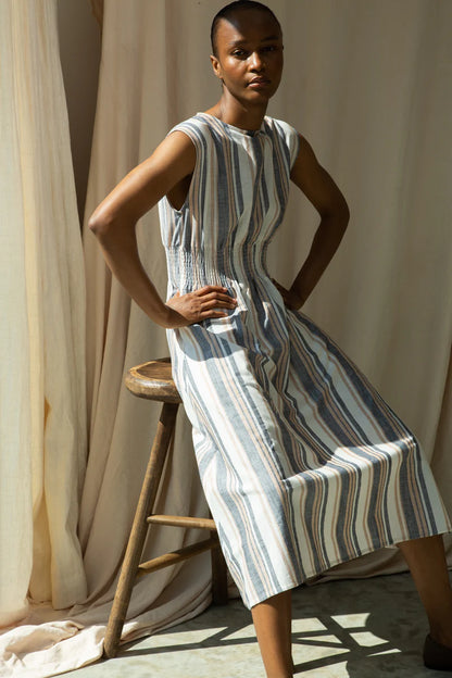 Ottillie-Sue Organic Cotton Woven Dress in Beige Multi Stripe