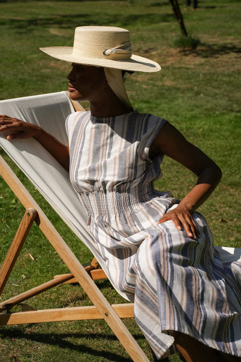 Ottillie-Sue Organic Cotton Woven Dress in Beige Multi Stripe